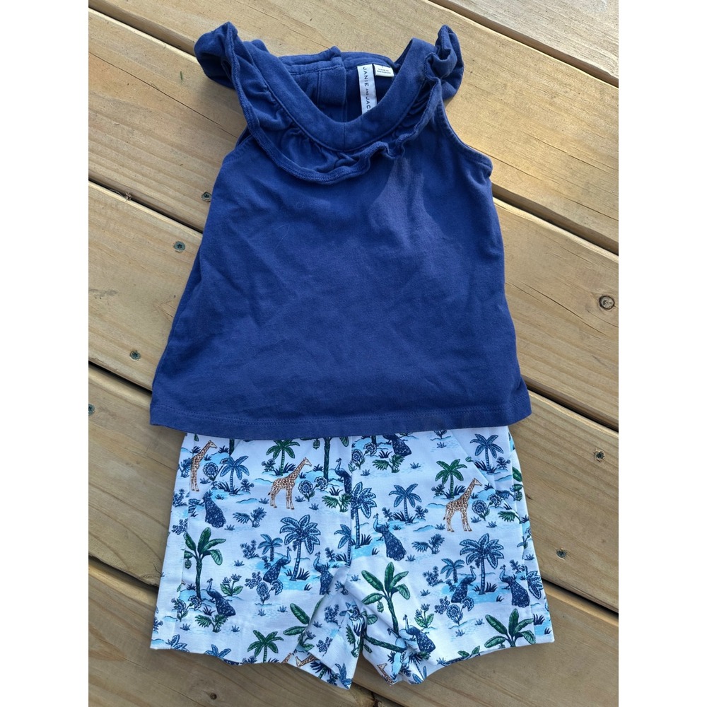 Janie and Jack Girls Safari Giraffe and Peacock Navy Ruffled Outfit SZ 3 NWOT